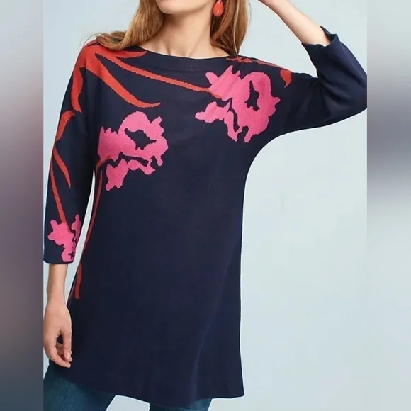 Field Flower Anthropologie Megara Floral Quarter Sleeve Tunic Sweater Navy XS - Picture 13 of 13